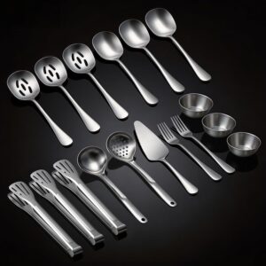 Serving Utensils Set for Partie, Stainless Steel Metal Serveware Flatware Large Serving Spoons, Slotted Spoons, Forks, Tongs, Soup and Skimmer Spoon, Cake Server for Buffet, Party, Catering
