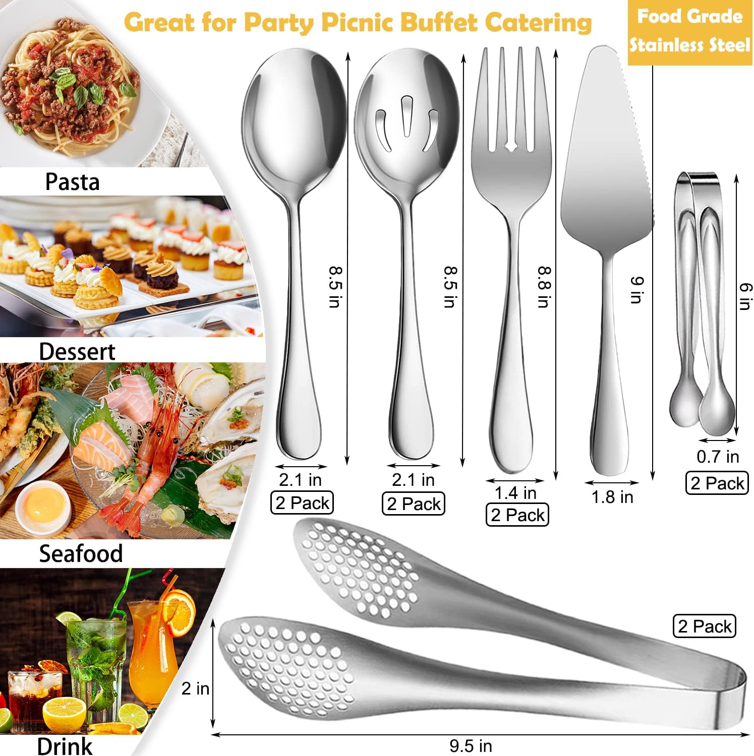 11 PCS Serving Utensils, Large Stainless Steel Spoons Forks Tongs, Pie Server, Great for Hostess Buffet Catering Banquet Party, Silver - Image 2