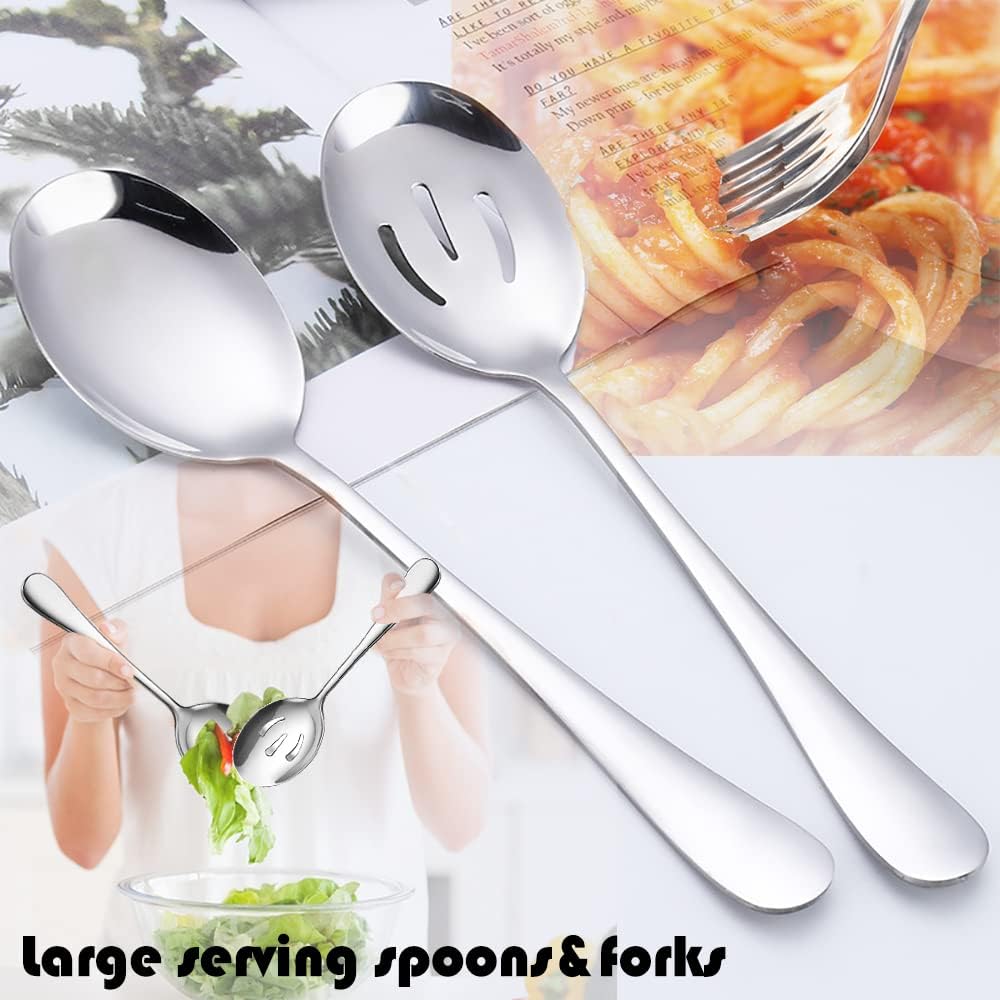 11 PCS Serving Utensils, Large Stainless Steel Spoons Forks Tongs, Pie Server, Great for Hostess Buffet Catering Banquet Party, Silver - Image 5