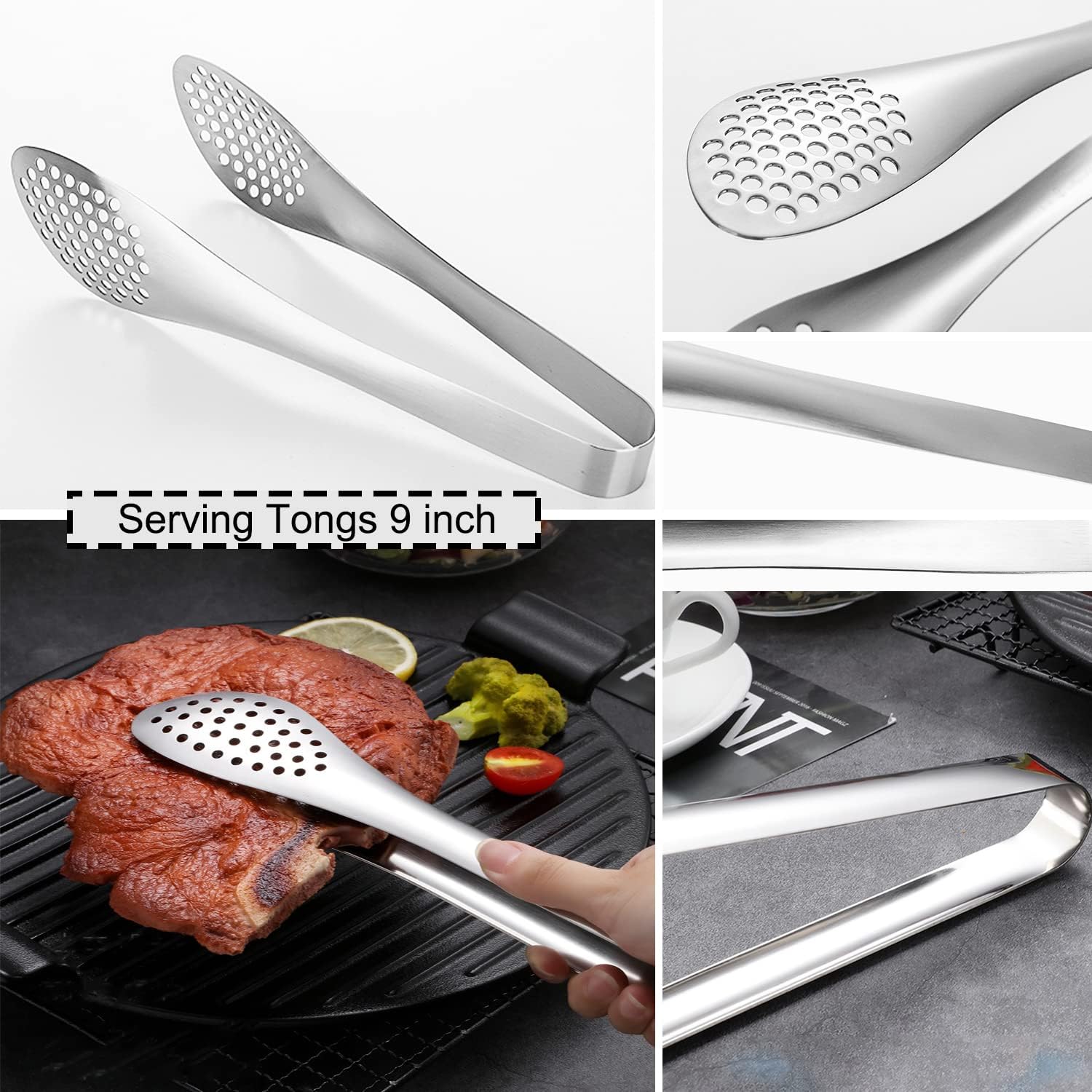 11 PCS Serving Utensils, Large Stainless Steel Spoons Forks Tongs, Pie Server, Great for Hostess Buffet Catering Banquet Party, Silver - Image 6
