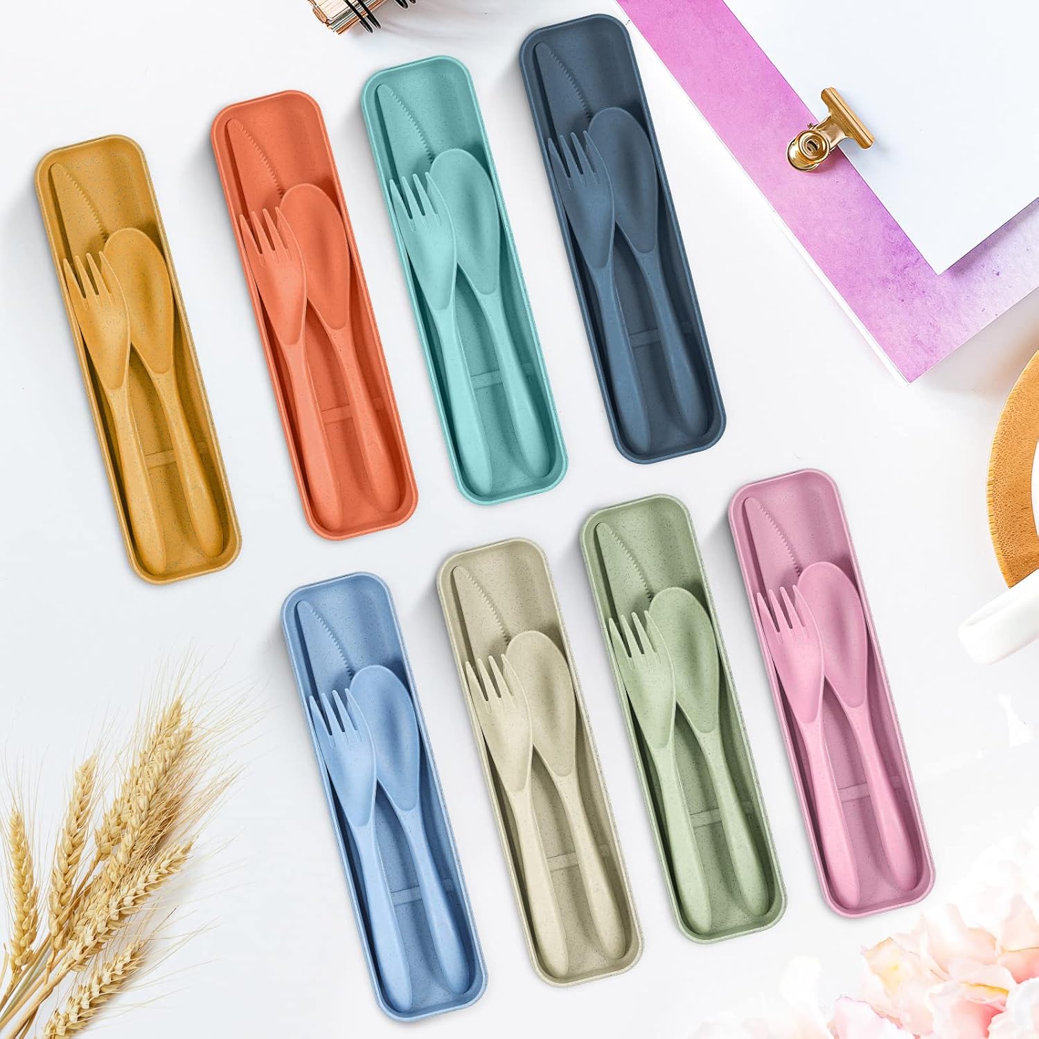 Yahenda 28 Sets Reusable Travel Utensils Set with Case Wheat Straw Cutlery Portable Spoon Knife Forks Plastic Tableware Lunch Box Accessories Bulk for Adults Travel Picnic Camping Utensils(Multicolor) - Image 7
